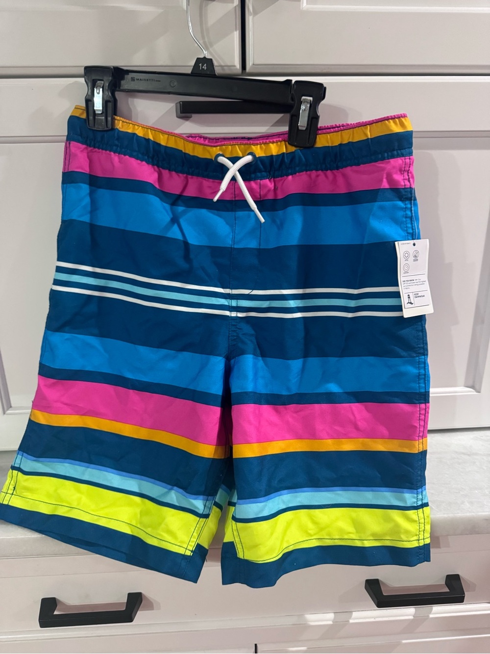 Lands' End Boys Striped Swim Shorts - Blue, Pink & Yellow